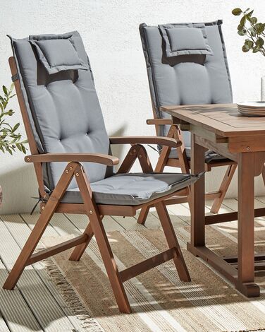 Set of 2 Acacia Wood Garden Folding Chairs Dark Wood with Grey Cushions AMANTEA