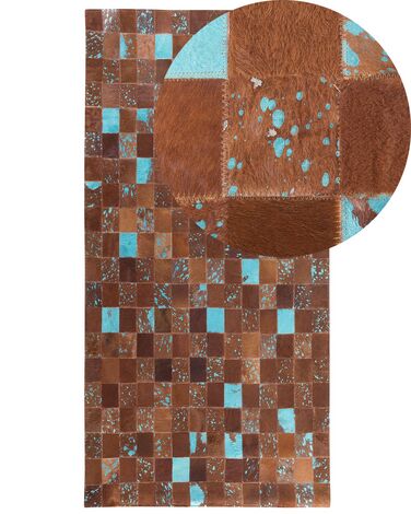 Tappeto patchwork in pelle marrone e blu 80 x 150 cm ALIAGA
