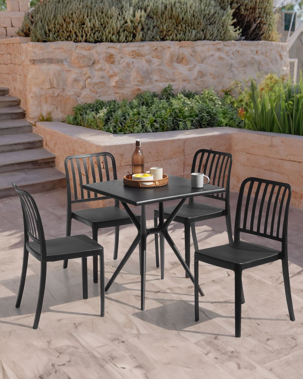 Gartenstuhl 4er Set SERSALE Kunststoff Schwarz