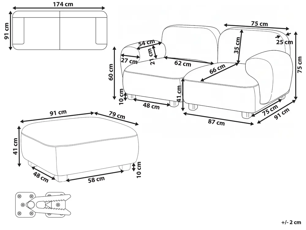 Divano modulare 2 posti AMLI con ottomana Tessuto Beige_1070303