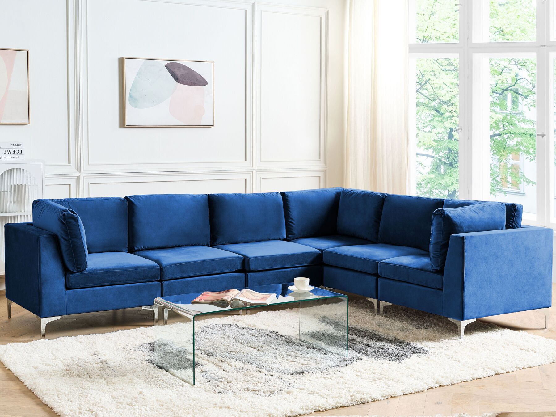 Left Hand 6 Seater Modular Velvet Corner Sofa Blue EVJA_859746