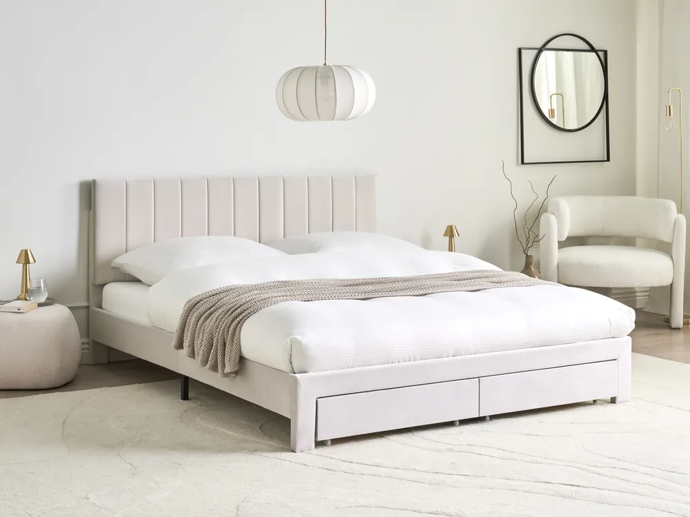 Bed with Storage Drawers LONZAC Velvet Off-White 160 x 200 cm (EU King Size)_1014779