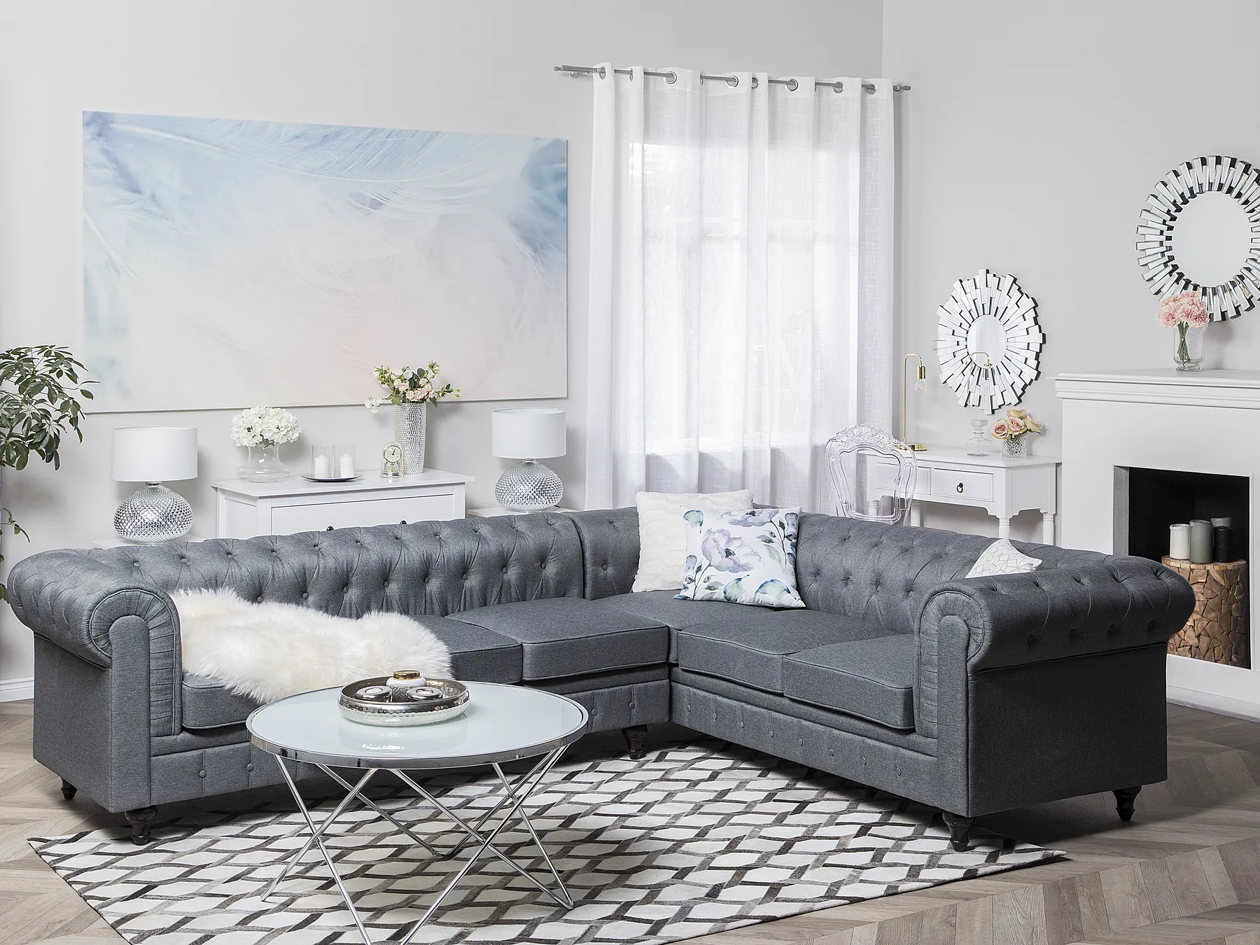 Corner Sofa 6 Seater CHESTERFIELD Fabric Grey Left Hand_706650
