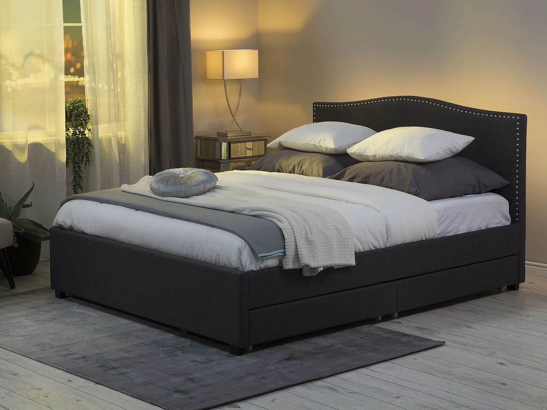 Bed with Storage Drawers MONTPELLIER Fabric Dark Grey 160 x 200 cm (EU King Size) LED_797801