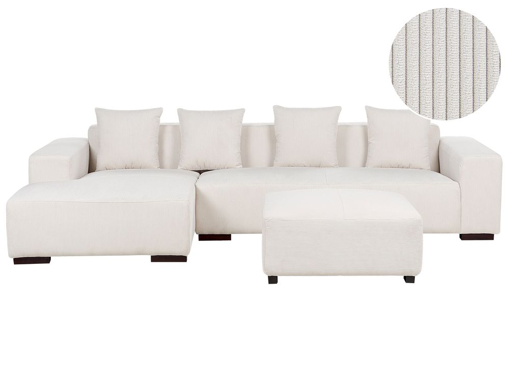 Corner Sofa LUNGO with Ottoman Corduroy Off-White Right Hand
