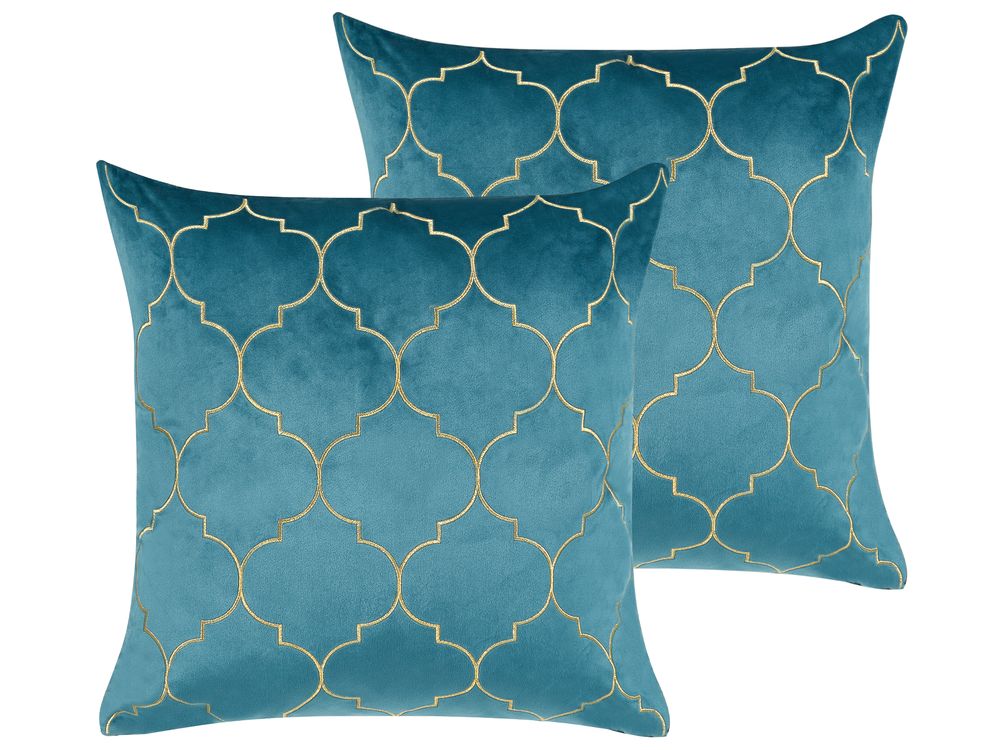 Set of 2 Decorative Cushions ALYSSUM 45 x 45 cm Velvet Blue Trellis Pattern
