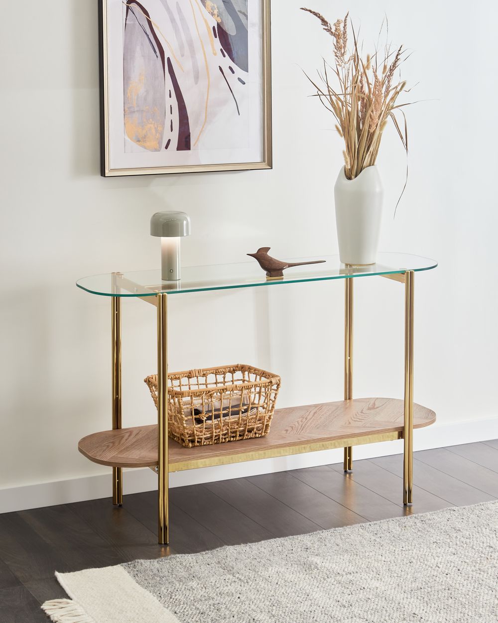 Glass Top Console Table Light Wood with Gold LOVELL Beliani