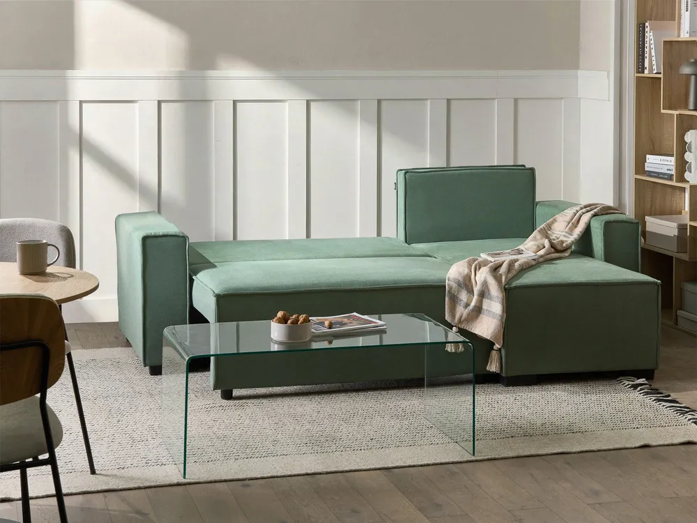 Corner Sofa Bed 3 Seater EDANE with Storage Fabric Light Green Left Hand_1057281