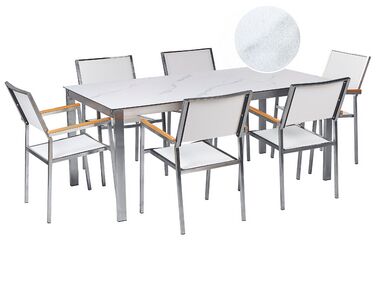 Conjunto de jardín 6 plazas con tablero de vidrio efecto mármol y sillas blancas COSOLETO/GROSSETO