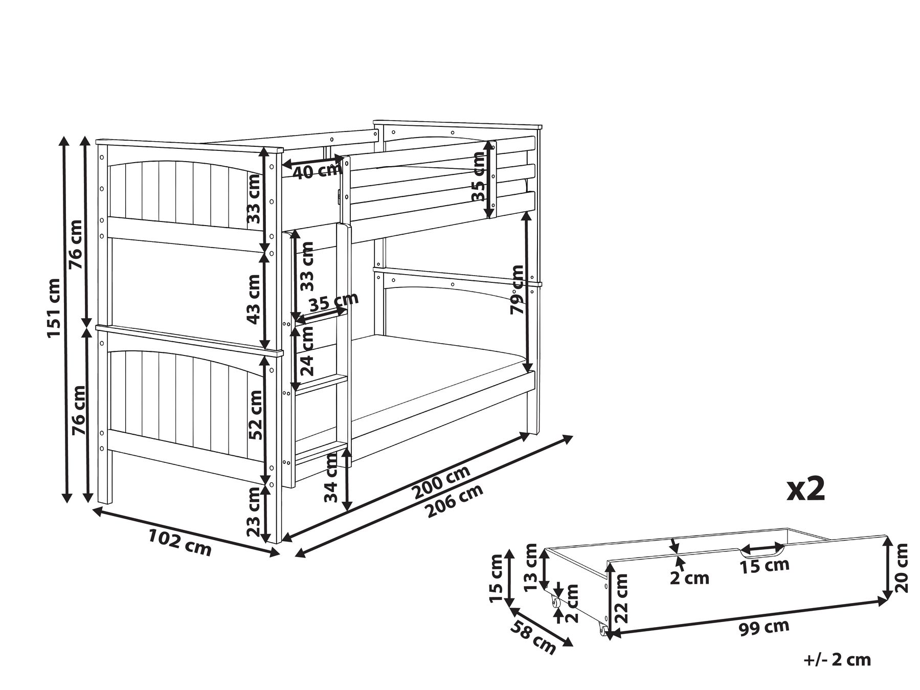Bunk Bed with Drawers ALBON Pine Wood White 90 x 200 cm (EU Single)_800368