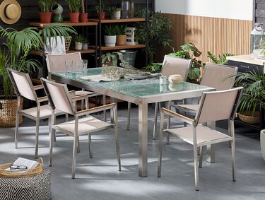 6 Seater Garden Dining Set Triple Plate Cracked Ice Glass Top with Beige Chairs GROSSETO