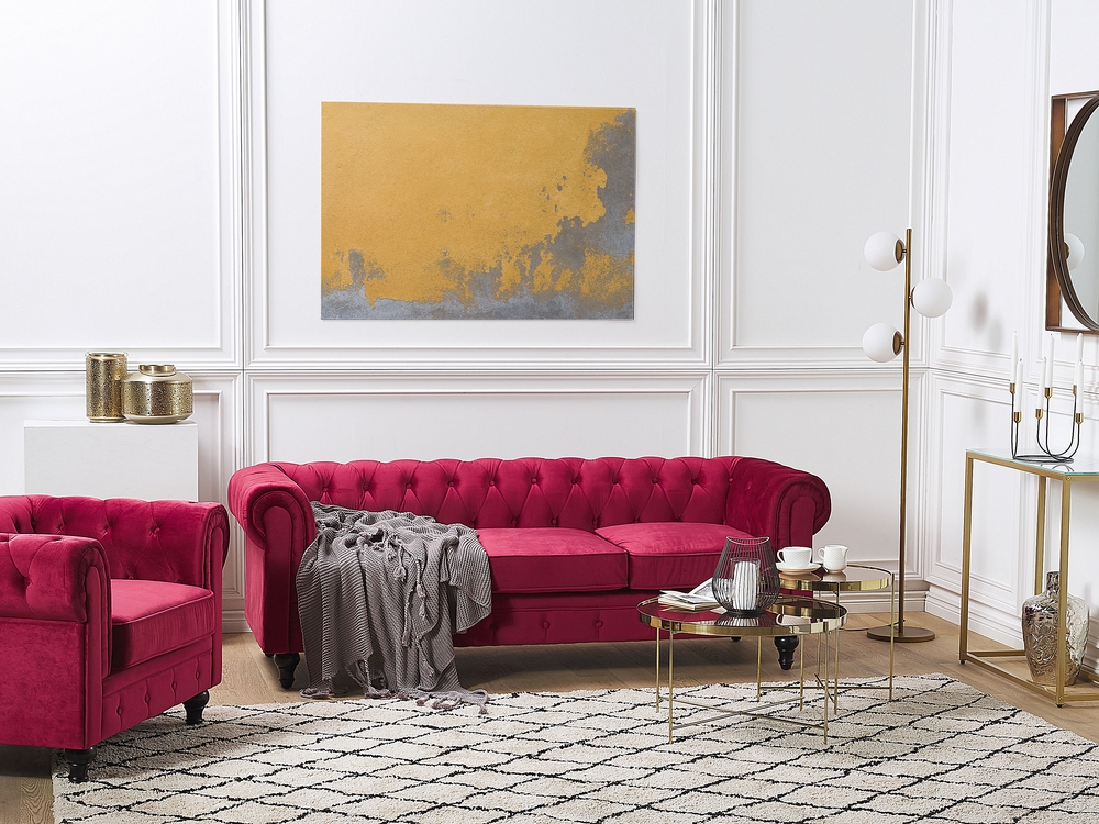 3 Seater Velvet Fabric Sofa Red CHESTERFIELD Beliani
