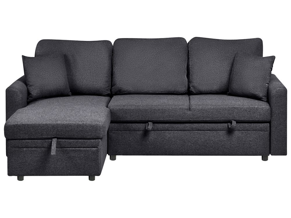 Corner Sofa Bed 3 Seater NASSJO Faux Linen Black Right Hand