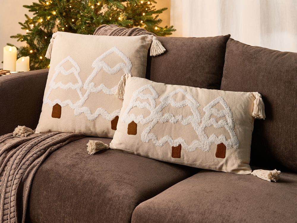 Set of 2 Decorative Cushions INTSIA 30 x 50 cm 45 x 45 cm Cotton Light Beige Christmas Motif