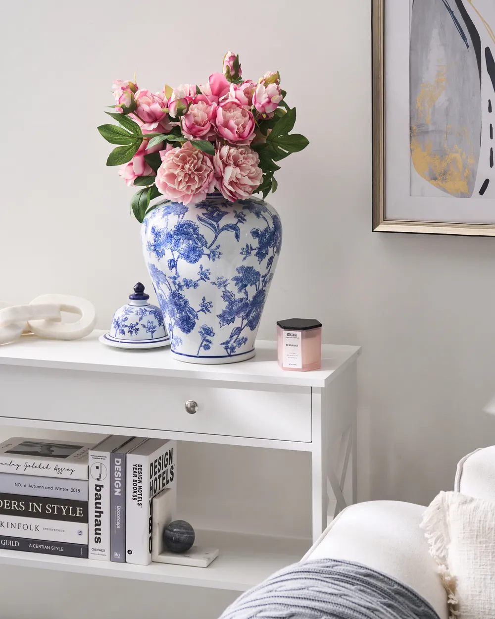 Wazon z pokrywką ALFARO 46 cm Porcelana Biały/ niebieski