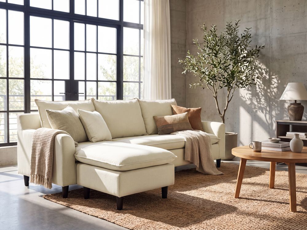 Corner Sofa 3 Seater ELVENES Fabric Light Beige Right Hand