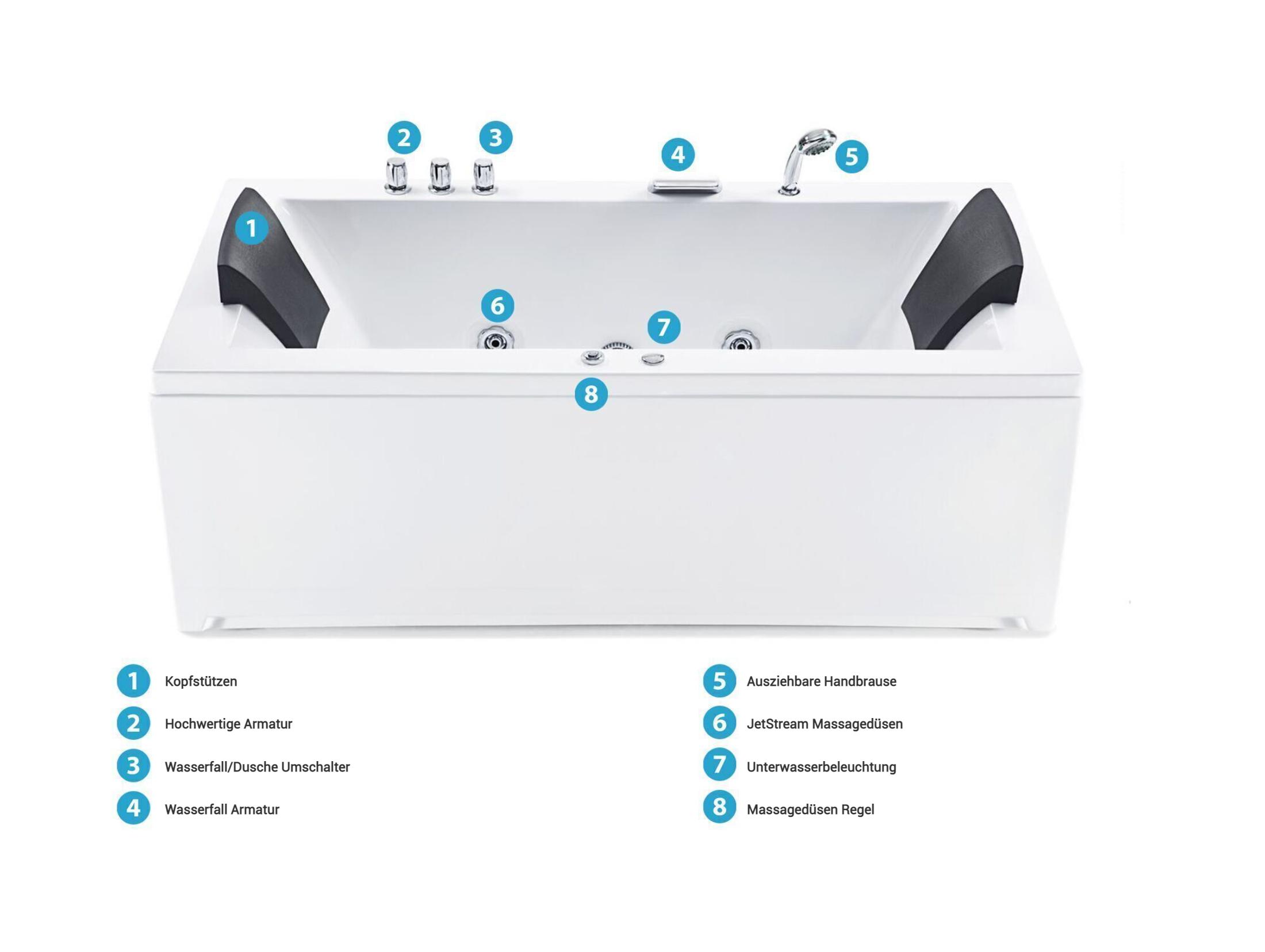 Whirlpool Badewanne Eckmodell mit LED VARADERO 183 x 90 cm Weiss linksseitig_787093