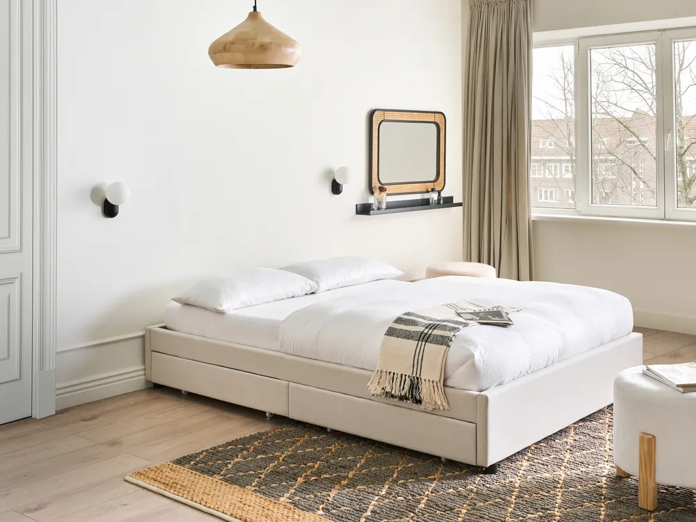 Bett mit Schubladen ohne Kopfteil PRADES Stoff Hellbeige 140 x 200 cm_996124