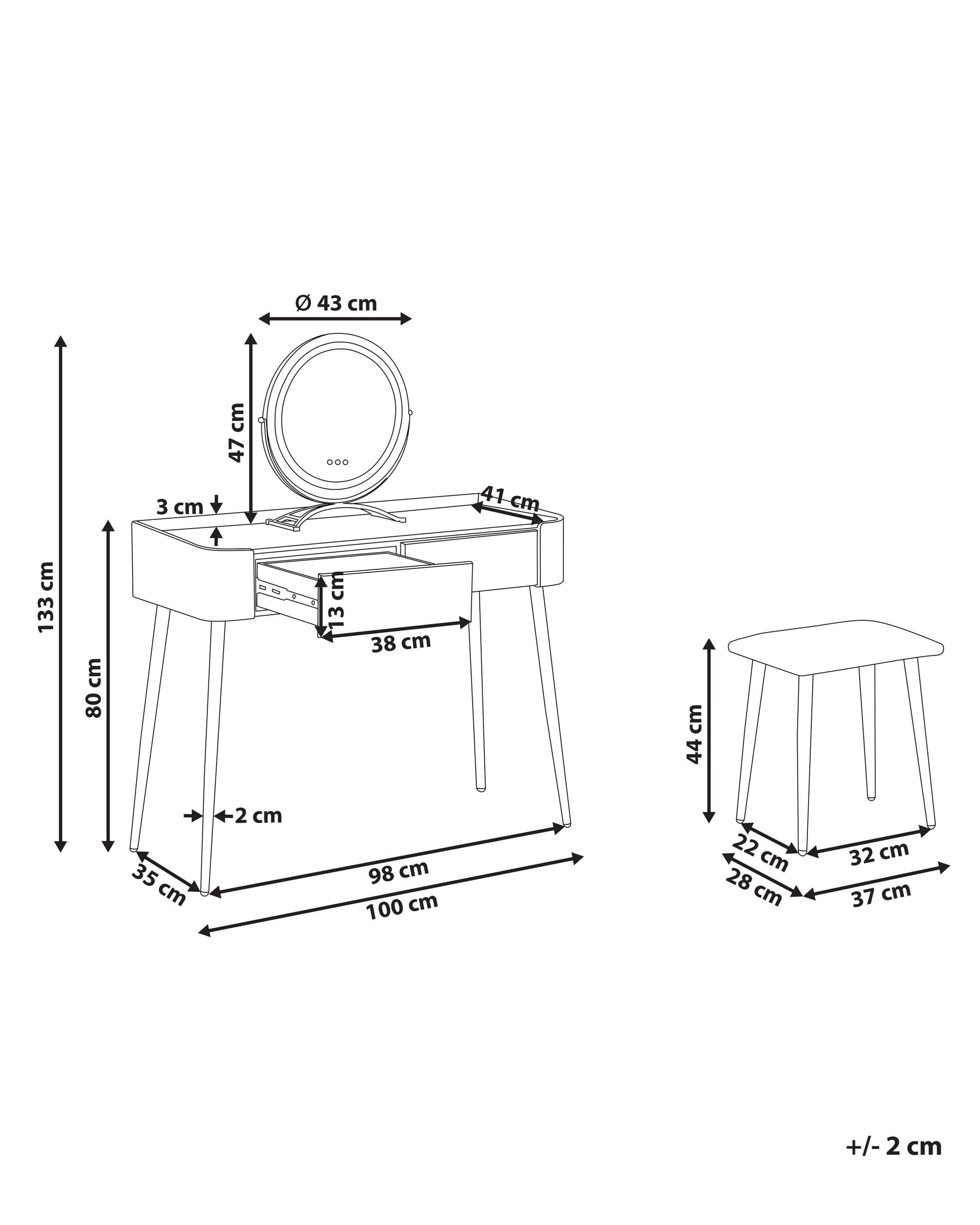 2 Drawers Dressing Table with LED Mirror and Stool Grey and Gold SURIN_845552 2 Drawers Dressing Table with LED Mirror and Stool Grey and Gold SURIN_845552