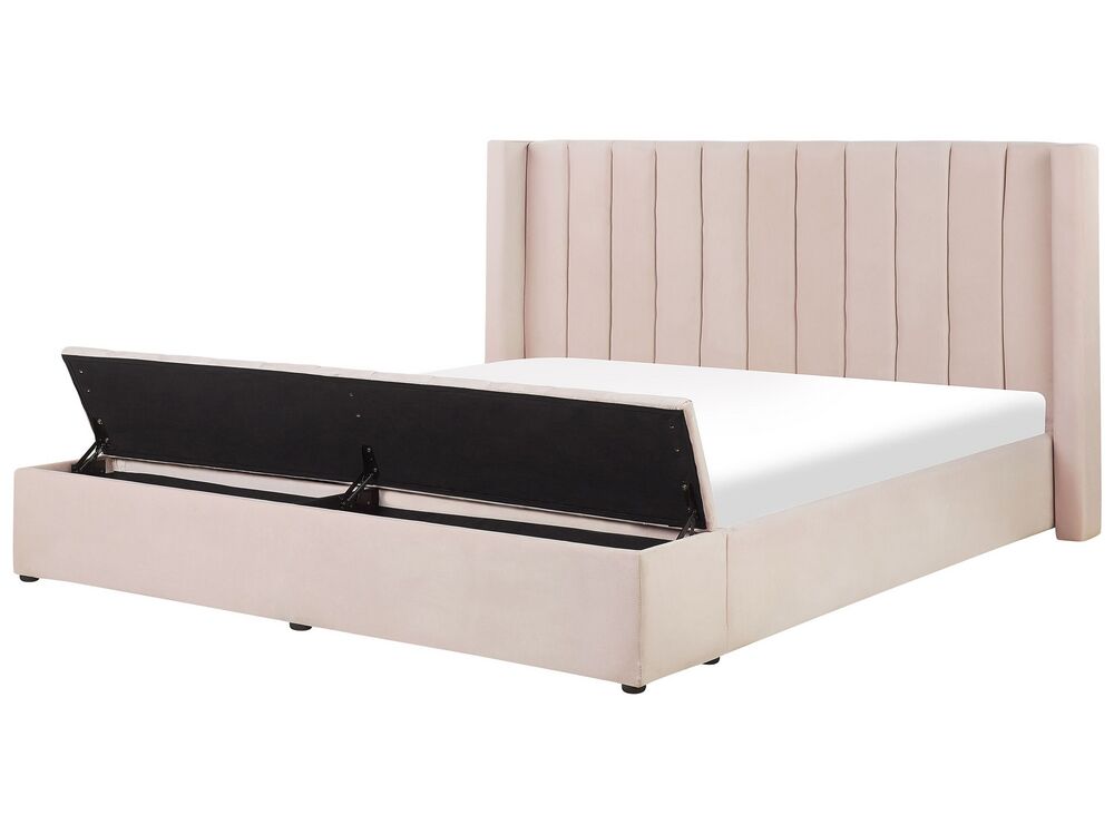 Letto con panca contenitore NOYERS Velluto Rosa pastello 180 x 200 cm
