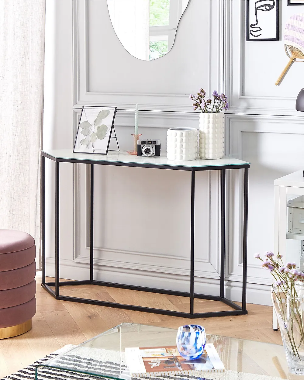 Console Table PERRIN Tempered Glass Marble/ Black_1183370
