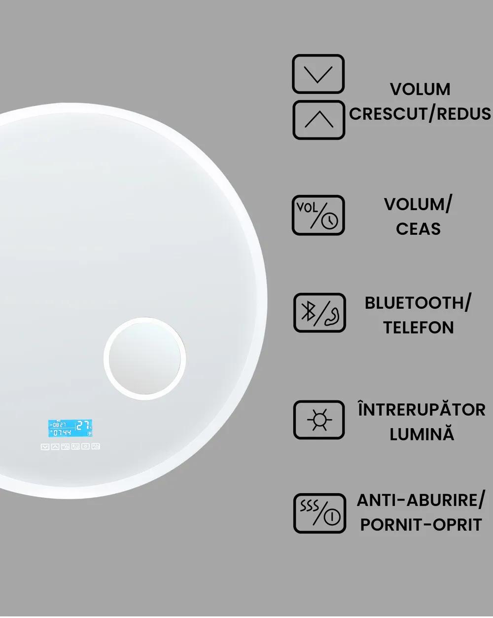 Oglindă LED pentru baie FIXIN 80 cm 80 cm Cu difuzor Bluetooth integrat Argintiu_940618