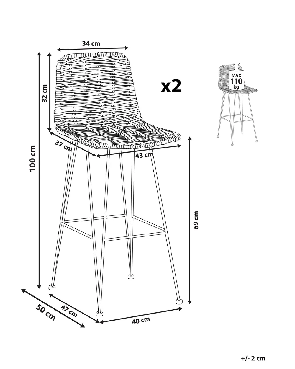 Set of 2 Bar Chairs CASSITA Rattan Brown_1018415