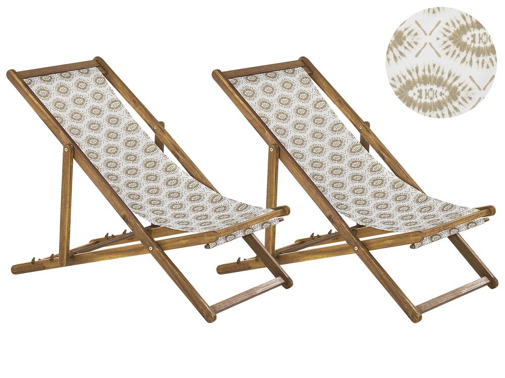 Set of 2 Acacia Folding Deck Chairs and 2 Replacement Fabrics Light Wood with Off White Beige Pattern ANZIO Beliani.cz