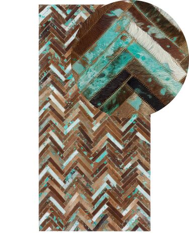 Patchwork koberec z hovězí kůže v hnědo-modrých odstínech 80x150 cm AMASYA