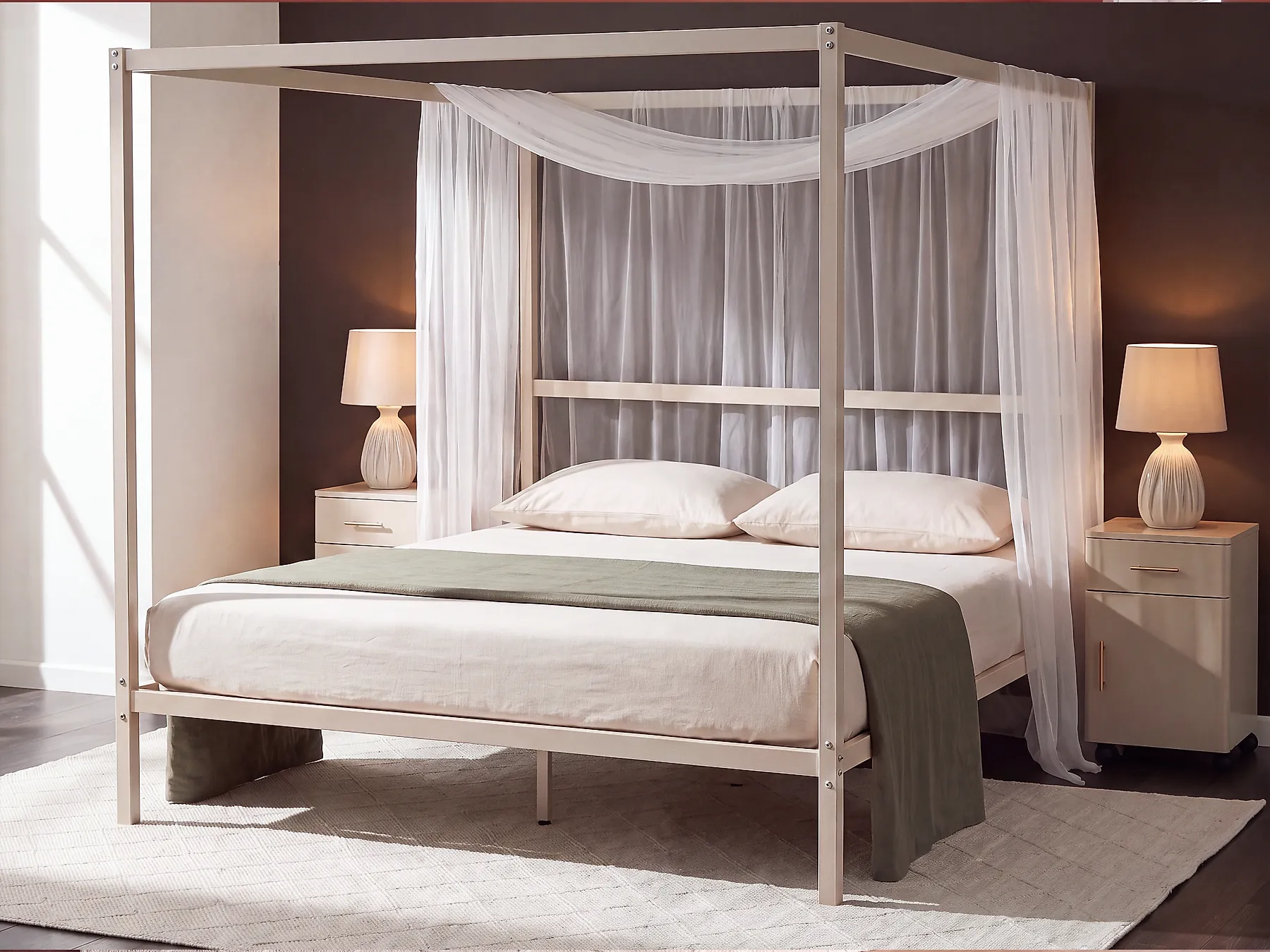 Four Poster Bed Metal LESTARDS 160 x 200 cm (EU King Size) Light Beige_1165342