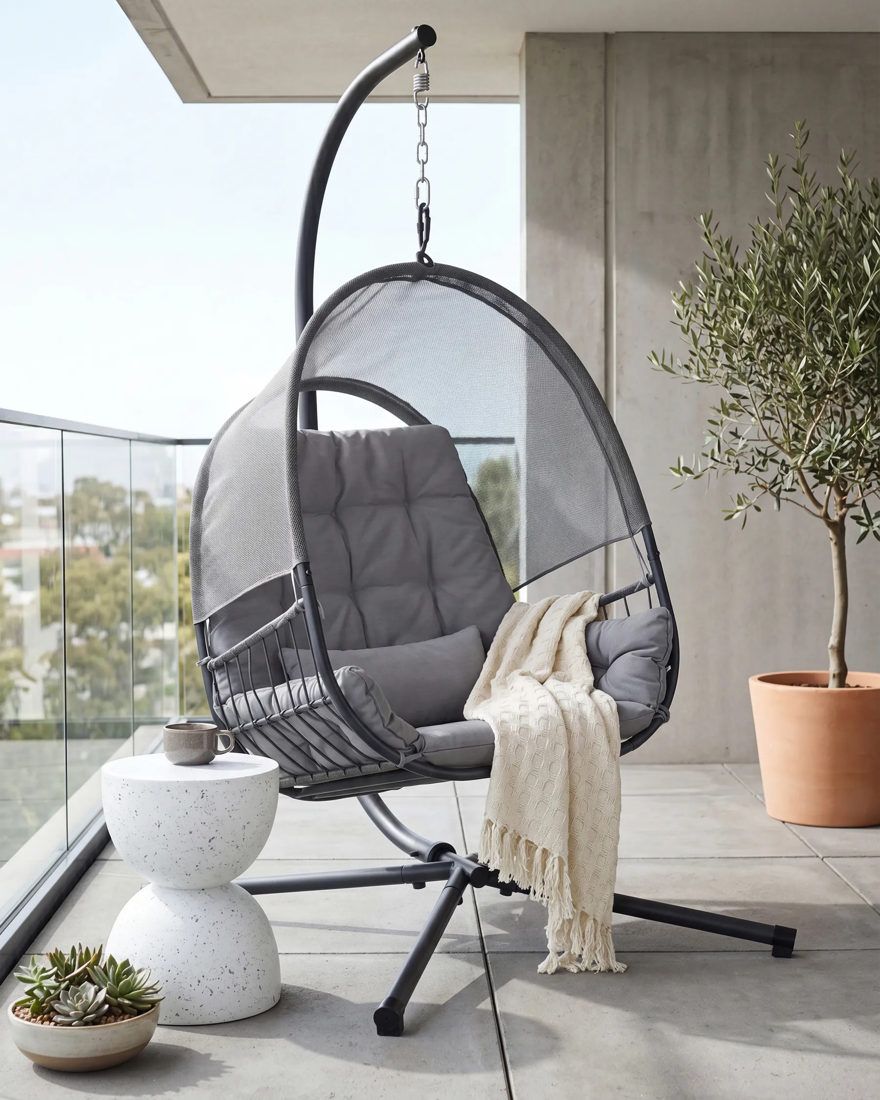 Hanging Chair with Stand ALVIANO Fabric Dark Grey_960437