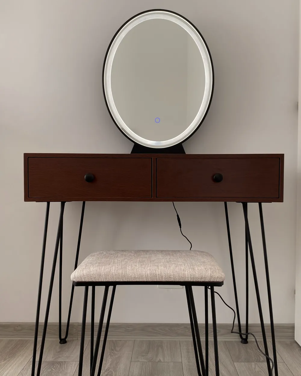 Dressing Table with Mirror and Stool LOIX LED Dark Brown
