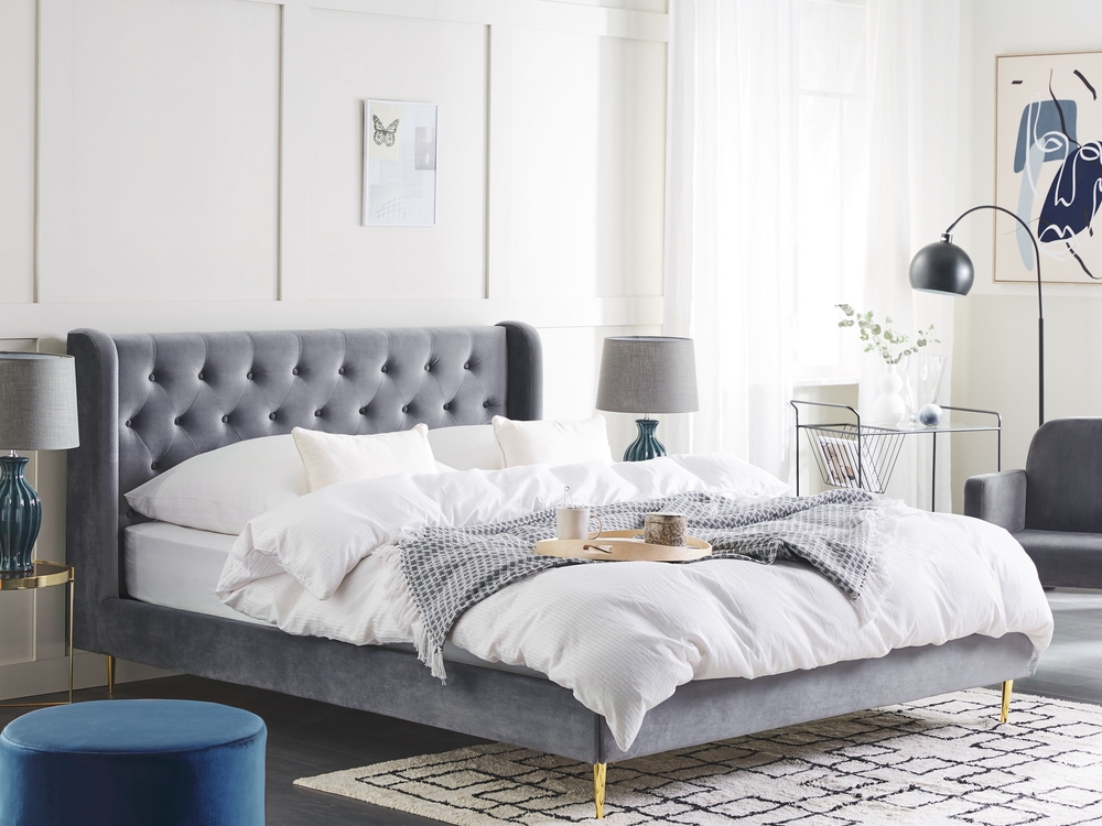 Gray velvet king platform bed discount