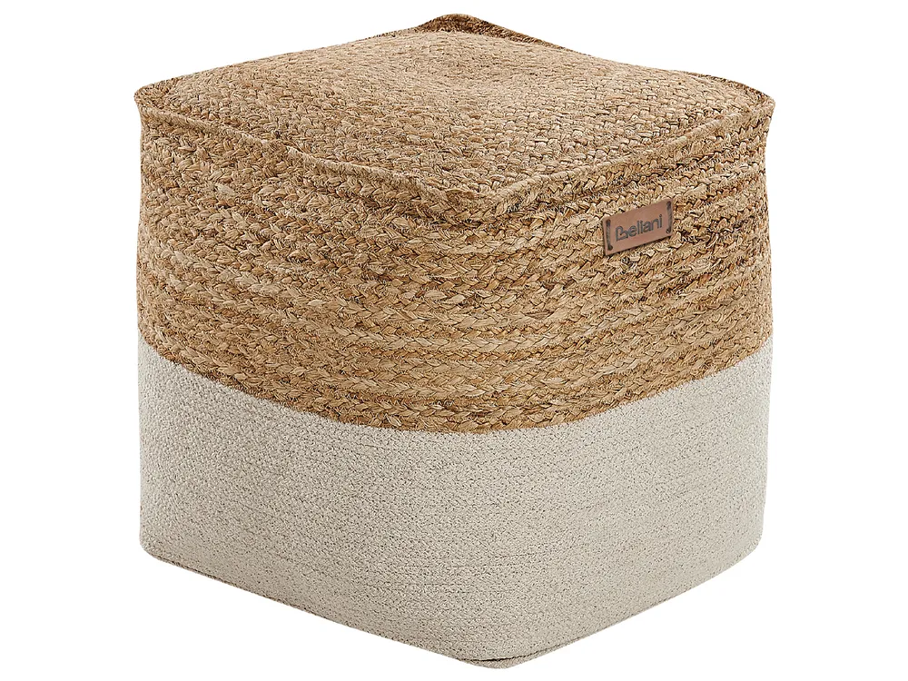 Pouf Ottoman Carré en Jute et Coton avec Pompons Remplissage Billes EPS