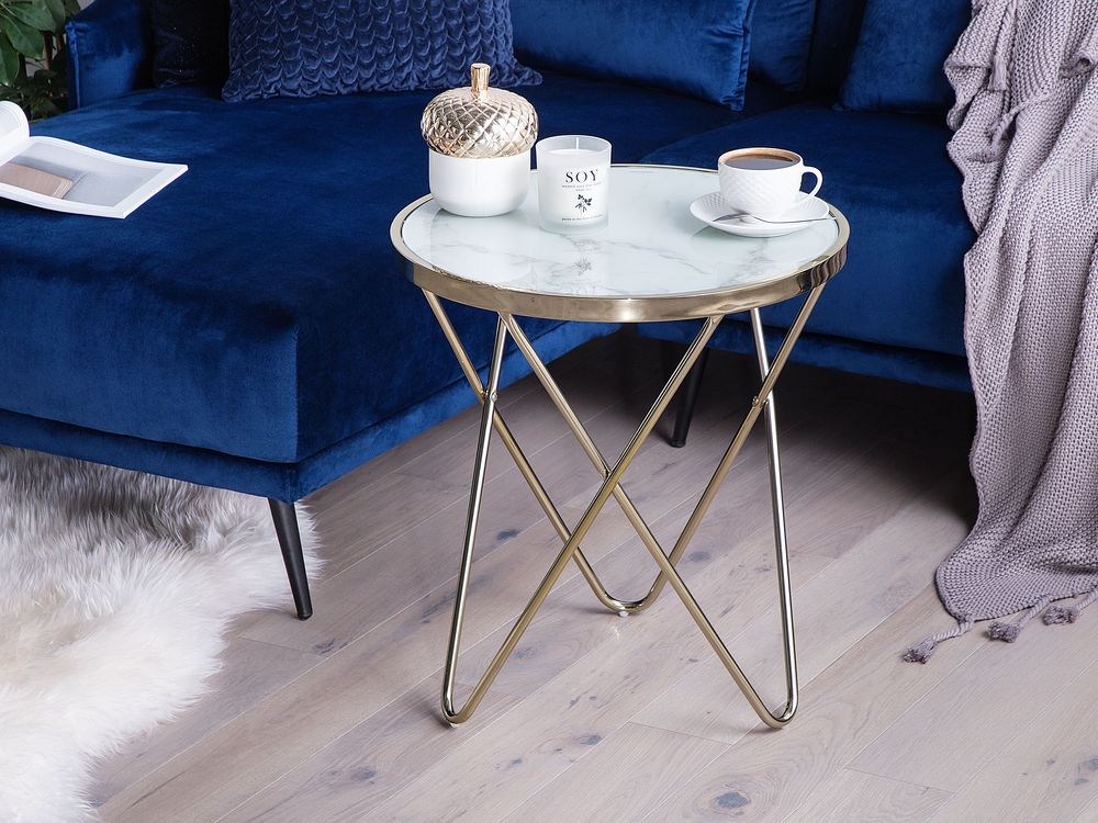 Mesa de apoio MERIDIAN Vidro temperado Mármore/Dourado