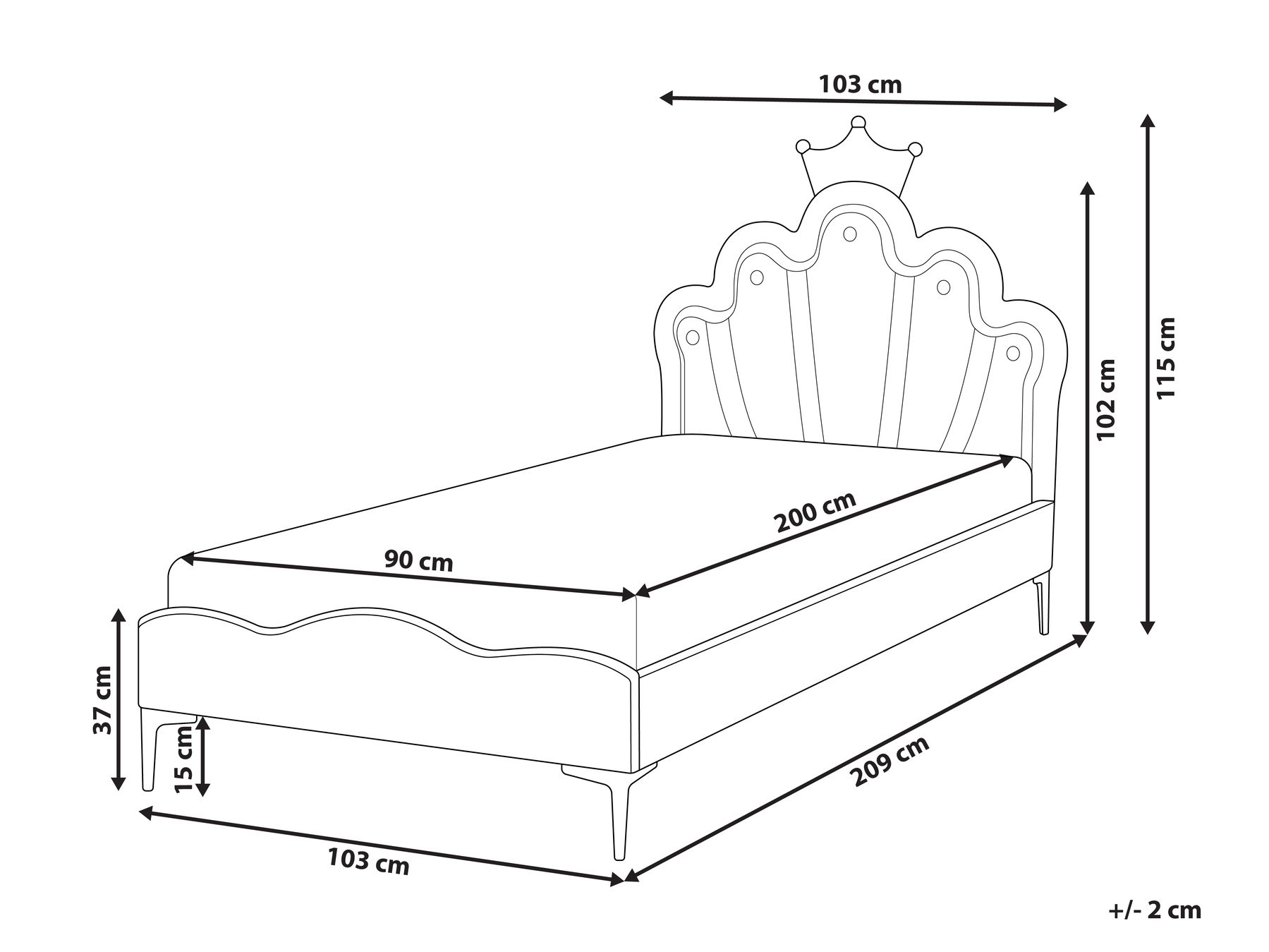 Cama infantil Coroa Veludo RUBIAN 90 x 200 cm Com luzes LED Branco_962154