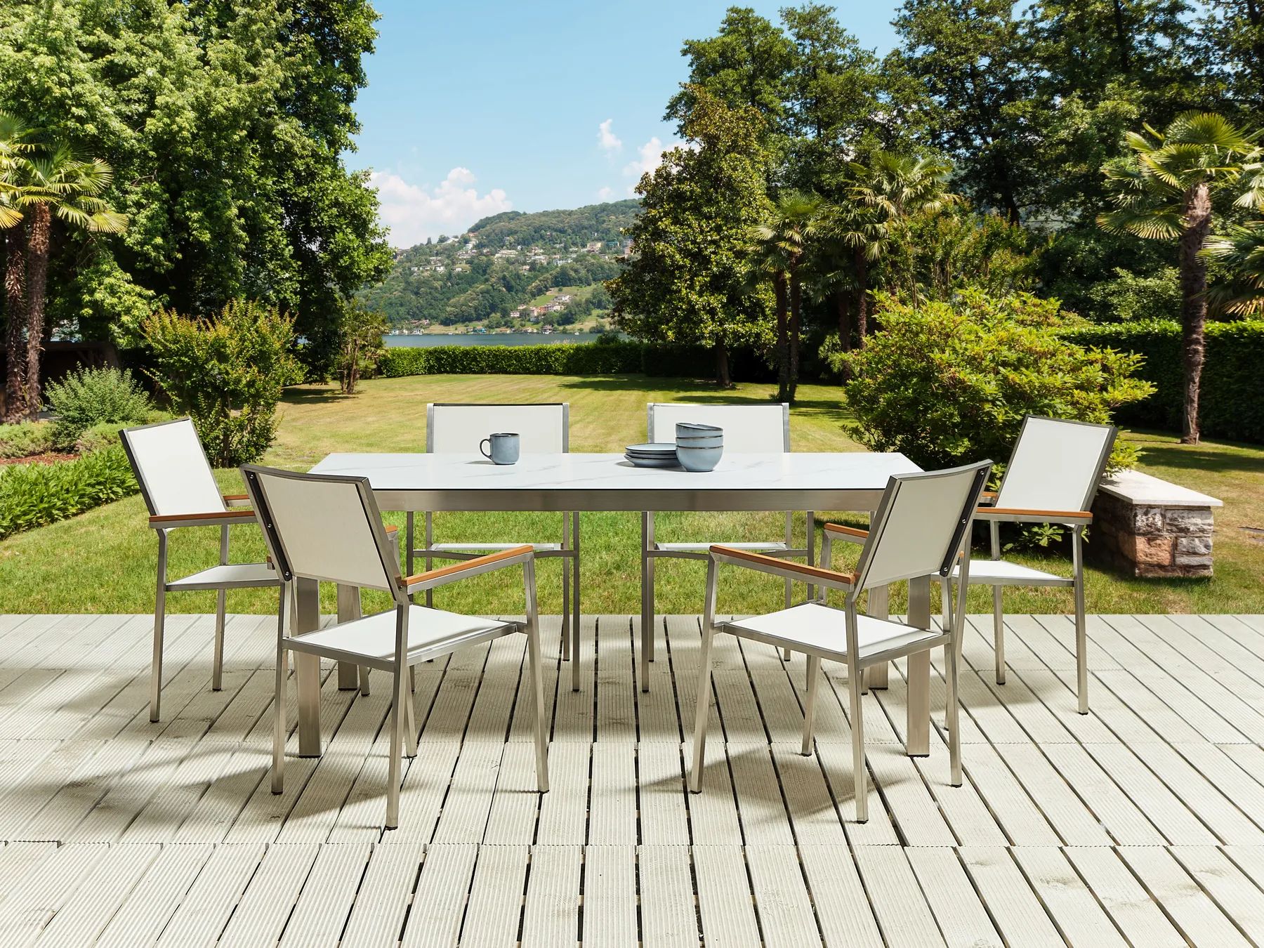 Garden Dining Set 6 Seater COSOLETO/GROSSETO Tempered Glass Marble Effect White Marble_881699