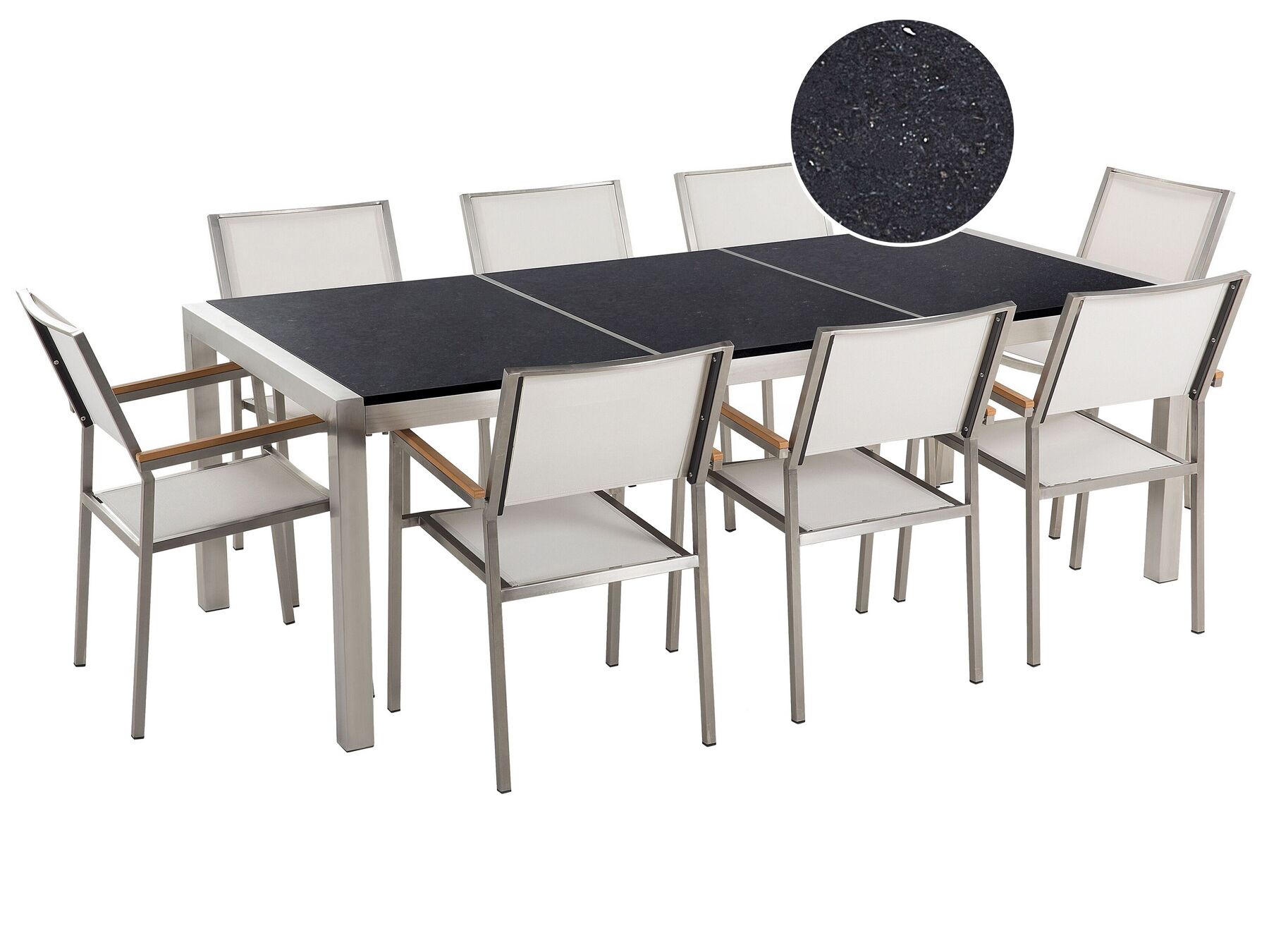 Nyolcszemélyes fekete osztott asztallapú étkezőasztal fehér textilén székekkel GROSSETO_378491