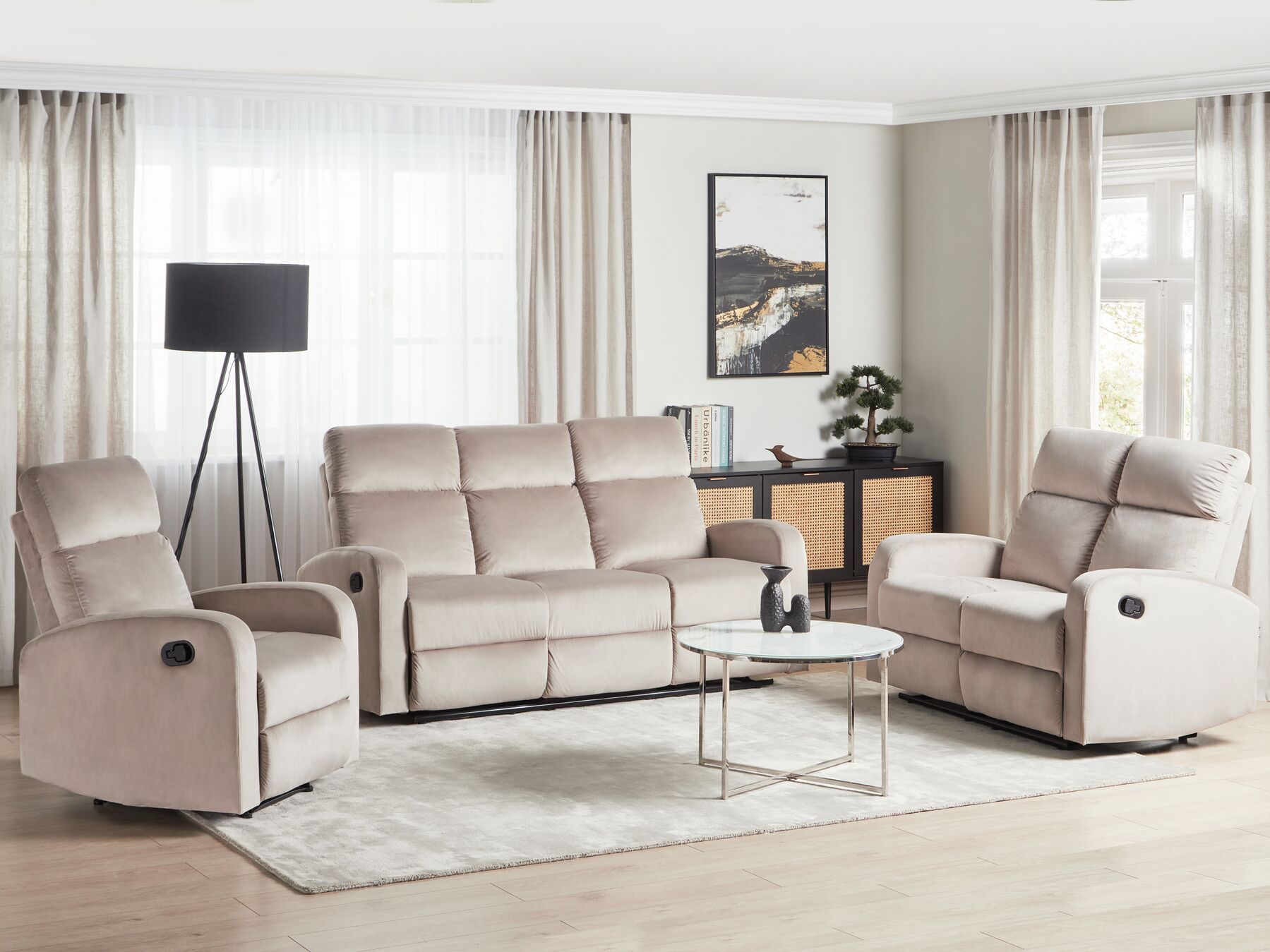 Velvet Manual Recliner Living Room Set Beige VERDAL_921651