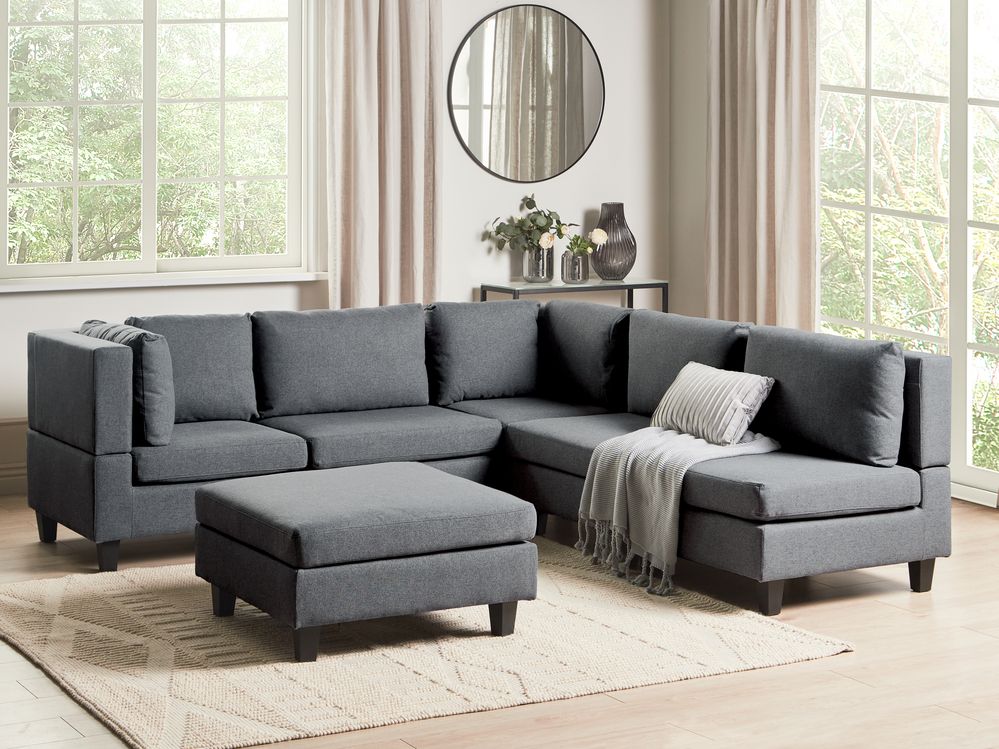 5 Seater Right Hand Modular Fabric Corner Sofa with Ottoman Dark Grey UNSTAD Beliani.no