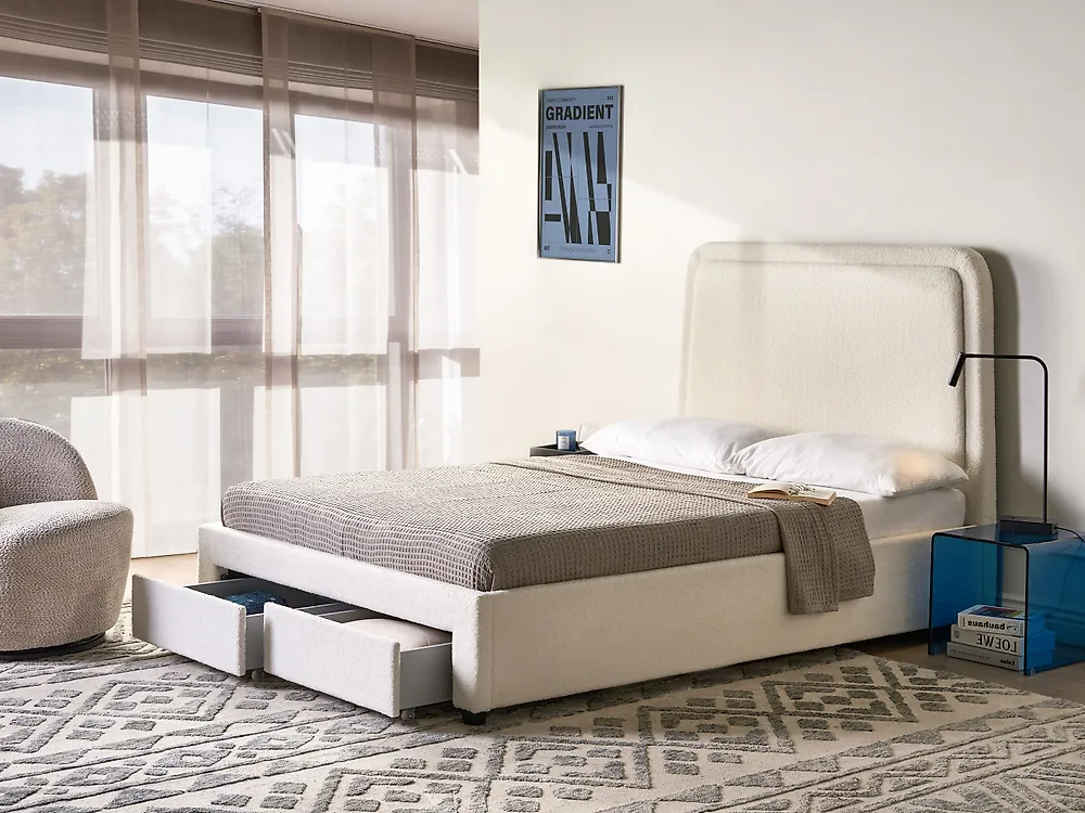 Bed with Storage Drawers SARDENT Boucle Off-White 140 x 200 cm (EU Double)_1175198