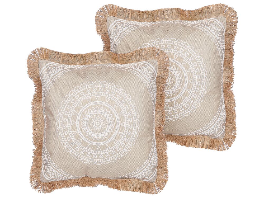 Set of 2 Cushions Boho Motif 45 x 45 cm Beige and White AGRIMONY Beliani
