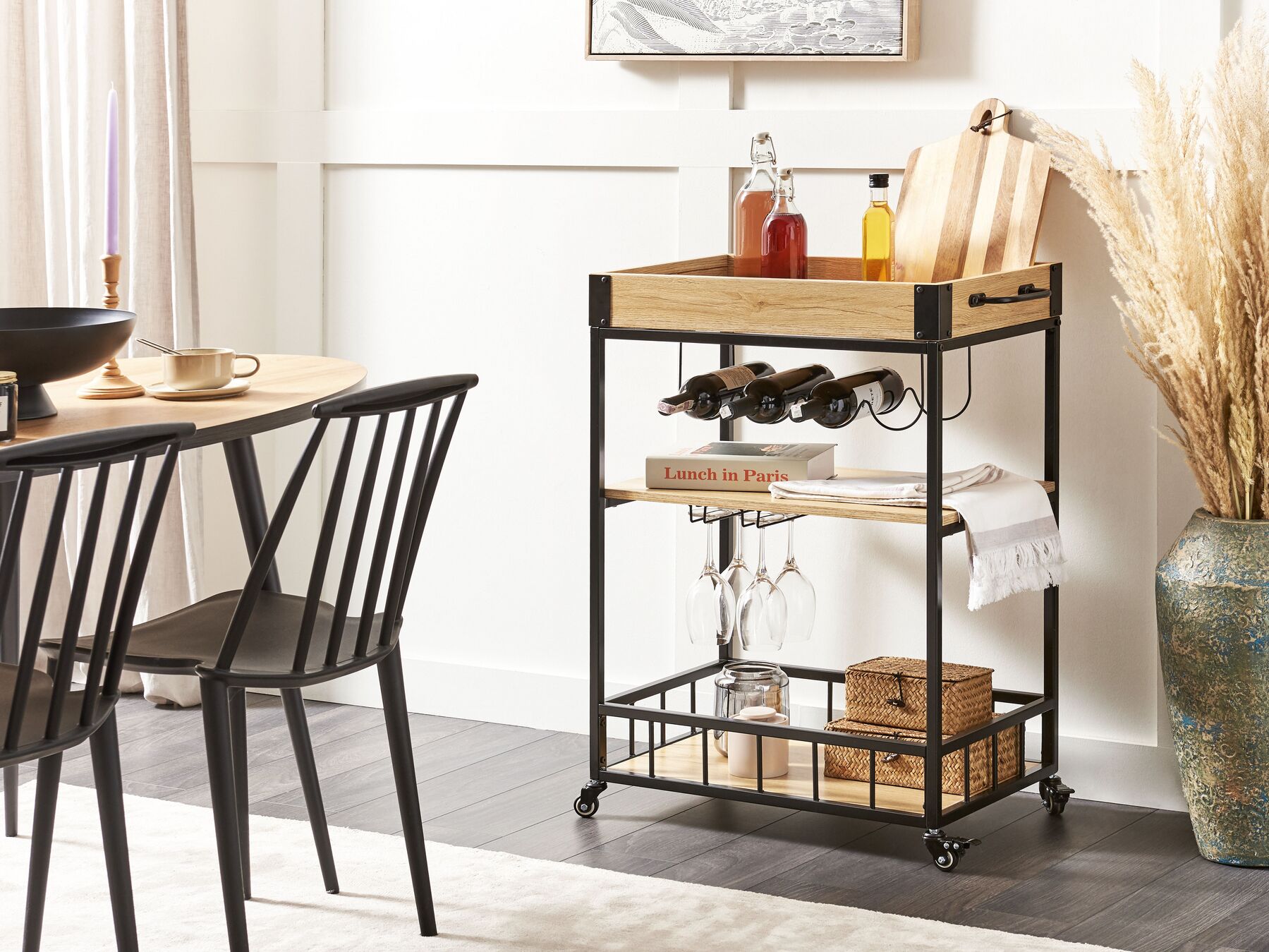 Wózek kuchenny 3-poziomowy jasne drewno z czarnym HULLET_832823