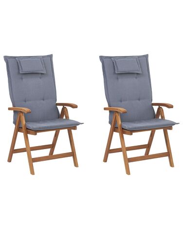 Set of 2 Acacia Wood Garden Folding Chairs with Blue Cushions JAVA