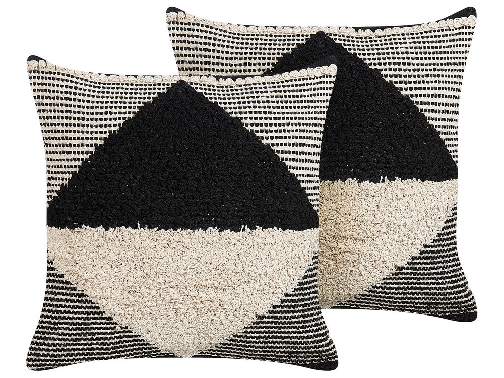 Set of 2 Tufted Cotton Cushions Geometric Pattern 50 x 50 cm Beige and Black KHORA Beliani
