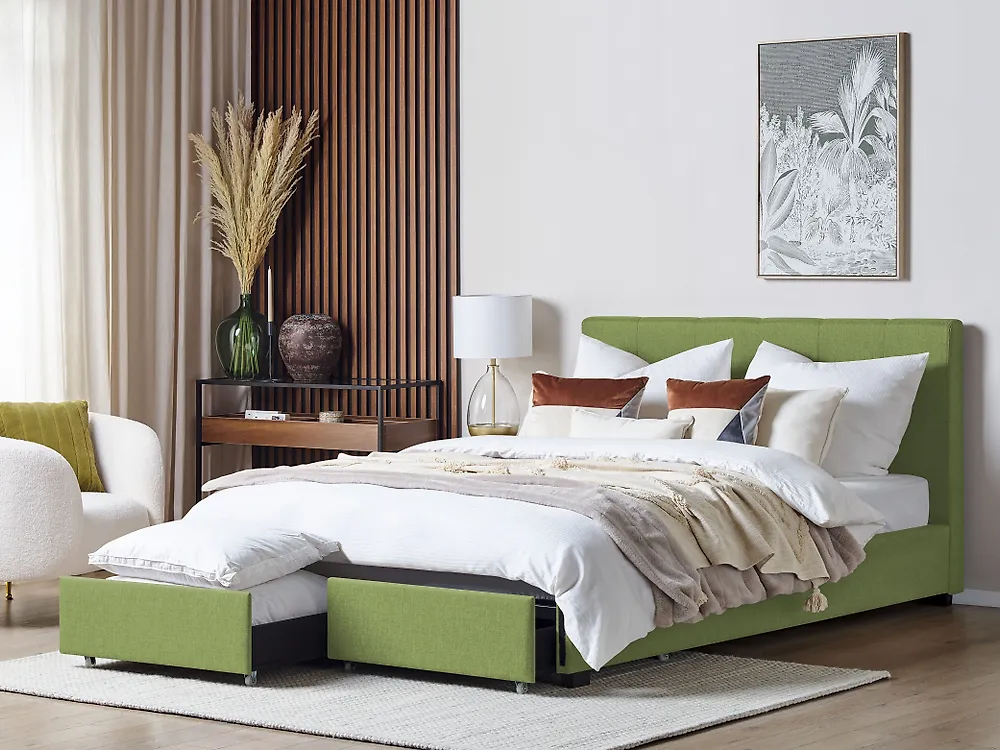 Bed with Storage Drawers LA ROCHELLE Fabric Green 180 x 200 cm (EU Super King)_1171995