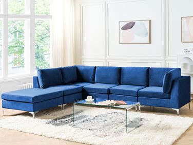 Right Hand 5 Seater Modular Velvet Corner Sofa with Ottoman Blue EVJA