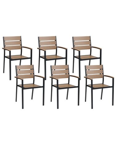 Set of 6 Garden Dining Chairs Light Wood and Black VERNIO