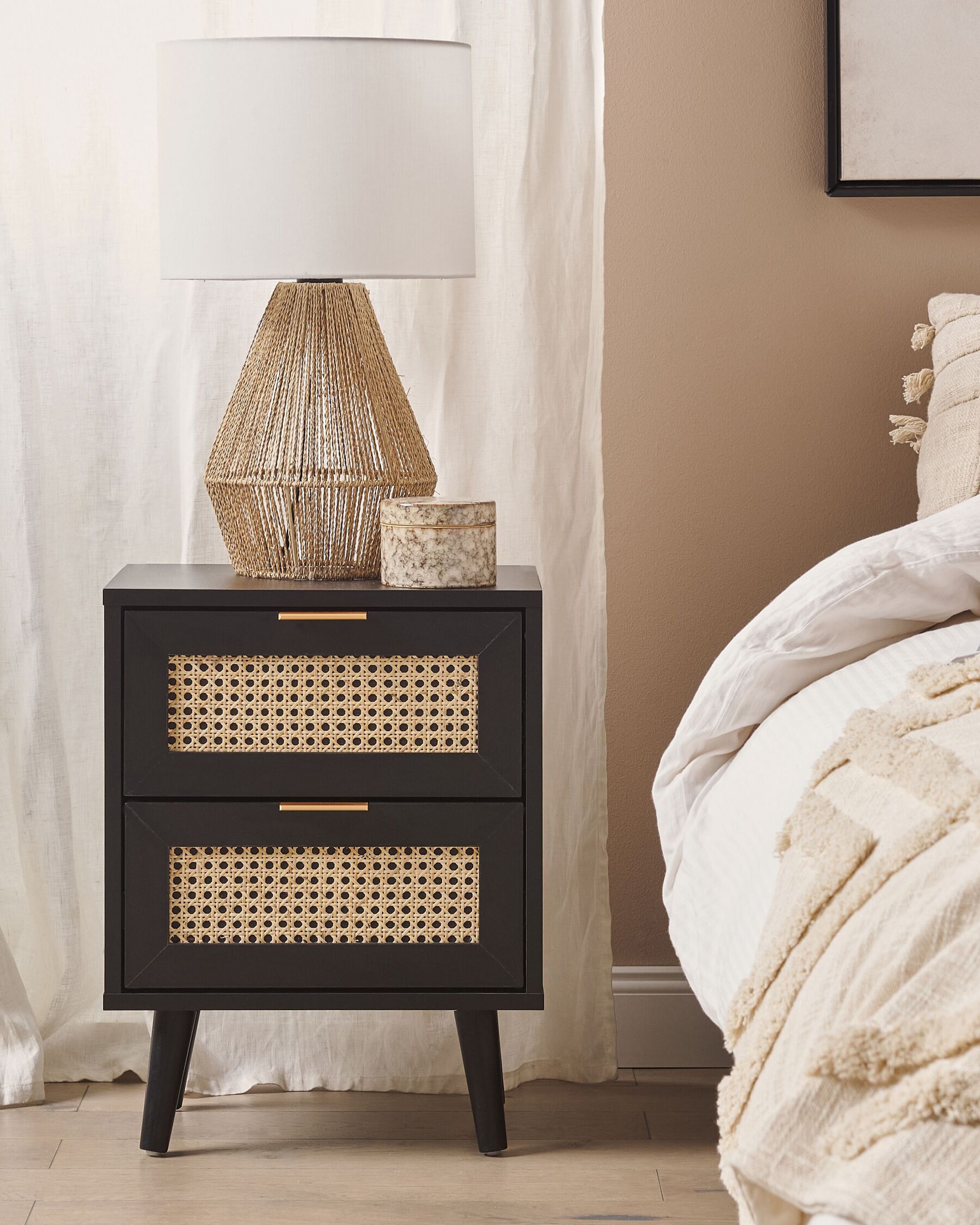 Rattan 2 Drawer Bedside Table Black OPOCO_873340