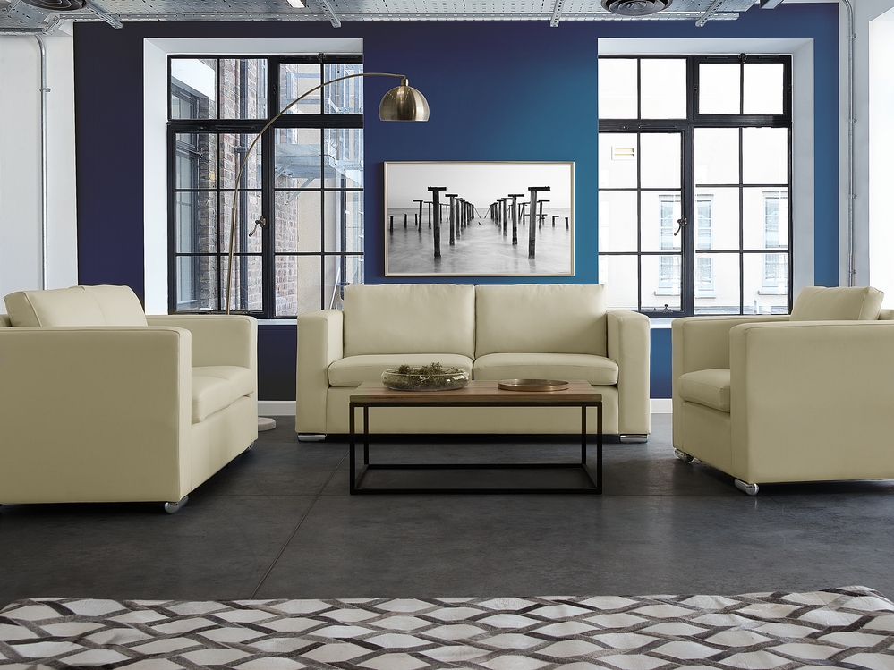 Cream Leather Modern Sofa Wooden Cream Leather L Shape Sofa Set, 4+1+1